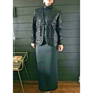 Vintage 1960s Henry higgins Designer maxi dress sequin‎ jacket XS black sparkle